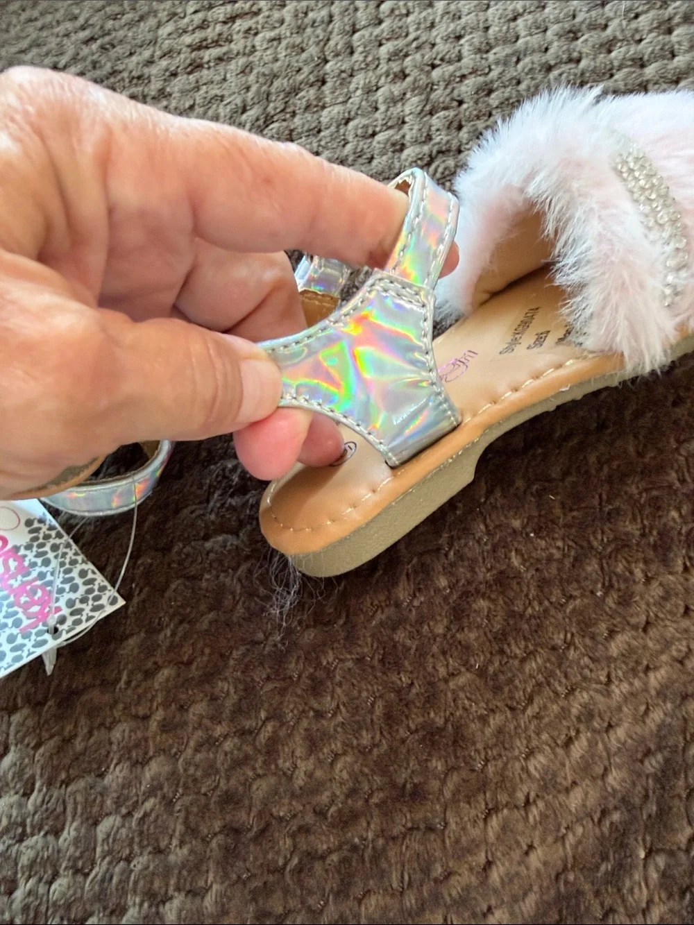 Kensie Girls Pink Faux Fur Sandals with Iridescent Strap